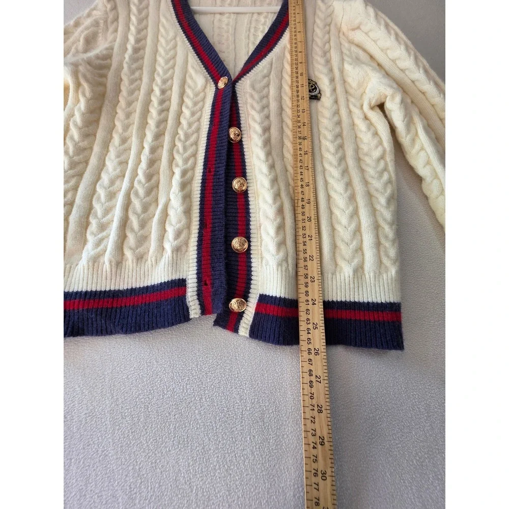 Womens Cable Knit Cardigan Sweater Cream Navy Red Gold Buttons Preppy Size L